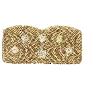 Vintage Faux Pearl Beaded Clutch Purse Flower Zip Top Champagne Beige Bridal
